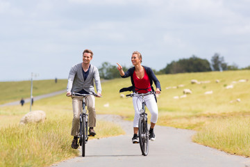 Paar, Mann und Frau, bei Radtour mit dem Fahrrad am Deich mit Schafen