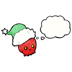 cartoon skull in christmas hat with thought bubble