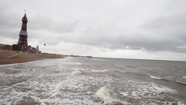 Blackpool Tower and the Beach, Lancashire, England, United Kingdom, Europe