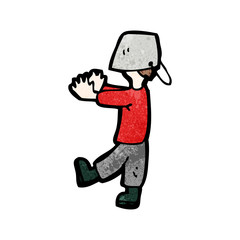 cartoon boy with head stuck in bucket