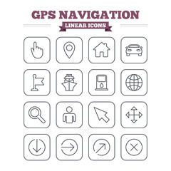 GPS navigation linear icons set. Thin outline signs. Vector