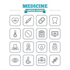 Medicine linear icons set. Thin outline signs. Vector
