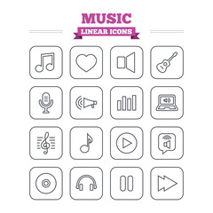 Music linear icons set. Thin outline signs. Vector