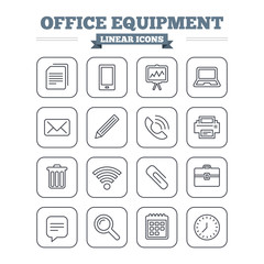 Office equipment linear icons set. Thin outline signs. Vector