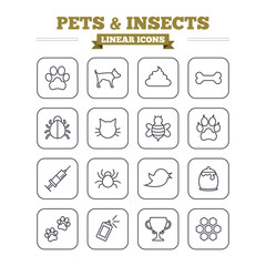 Pets and Insects linear icons set. Thin outline signs. Vector