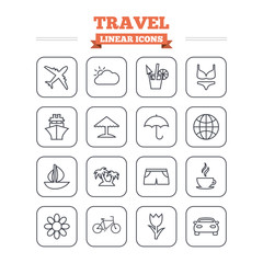 Travel linear icons set. Thin outline signs. Vector