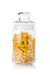 Raw macaronies in a glass jar