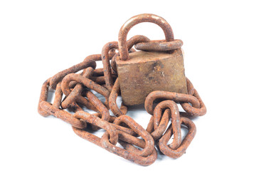 Very old rusted lock and chain isolate on white
