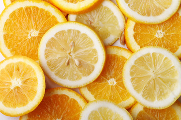 stack of citrus fruits slices. Oranges and lemons.