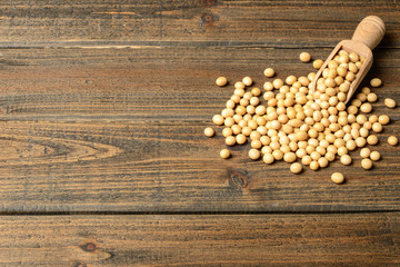 soybean on the wooden board, tilt shift lens