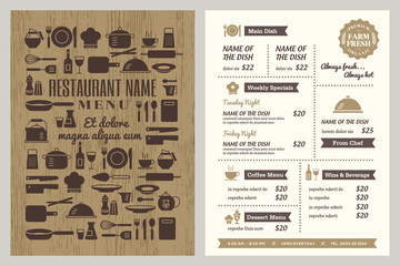 Restaurant menu design template with random utensils icon pattern on cover - obrazy, fototapety, plakaty