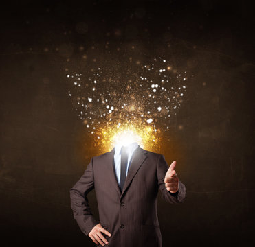 Business man with glowing exploding head