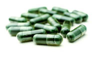 Medical pills on White cloth background, Selective focus