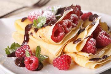 Beautiful crepes with raspberries and chocolate macro. horizontal
