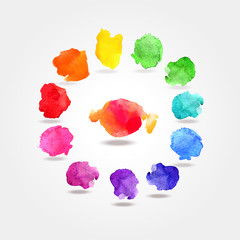 Vector set of rainbow watercolor palette circle splatters with shadow.