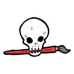 cartoon skull holding paintbrush in mouth