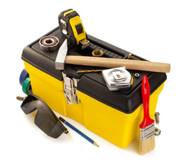 tools and instruments with toolbox on white