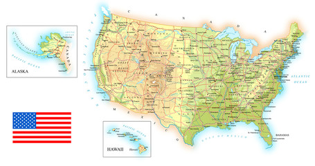 USA detailed topographic map illustration. Map contains topographic contours, country and land names, cities, water objects, flag, roads.
- railways
