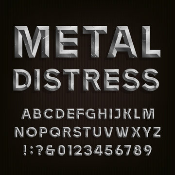 Metal Beveled Distressed Font. Vector Alphabet.
Metal effect beveled and distressed letters, numbers and punctuation marks.