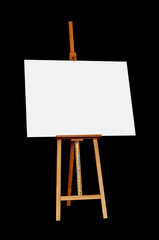 Wooden Easel with Blank Painting Canvas Isolated on Black Backgr
