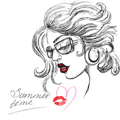 hand draw beautiful summer girl in glasses