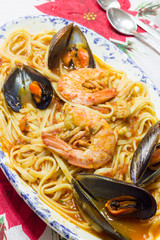 Plate of spaghetti with seafood