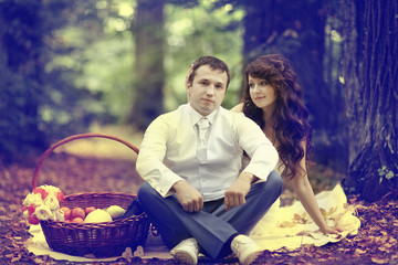 wedding picnic in the park portrait of the bride and groom