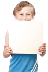 Boy on a white background with blank boad