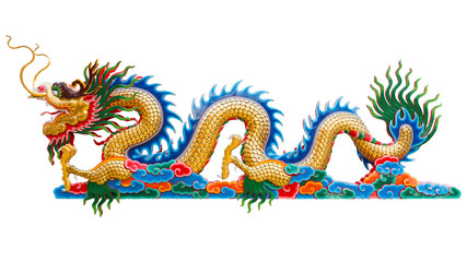 Obraz premium Chinese golden dragon statue isolate on white background. Clipping path.