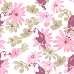Plakat Tropical summer seamless pattern, flowers and birds