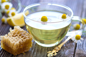 Chamomile tea with chamomile flowers