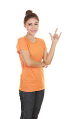 woman in t-shirt with hand sign I love you