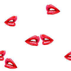 White seamless pattern with red lips