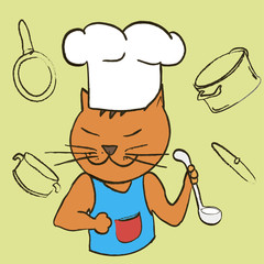 Cat chef with ladle in his paws and cap