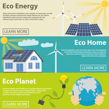 Eco energy horizontal banner set with green home planet