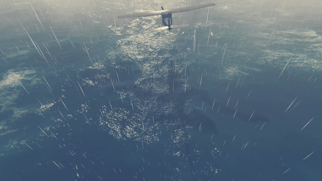 Small propeller airplane flies over stormy ocean at rainy night with lightnings