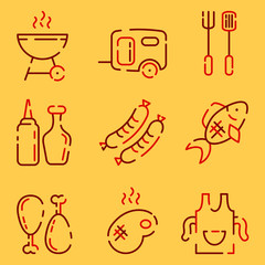 BBQ line icons set on a yellow background