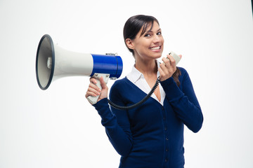 Cheerful businesswoman holding megaphone