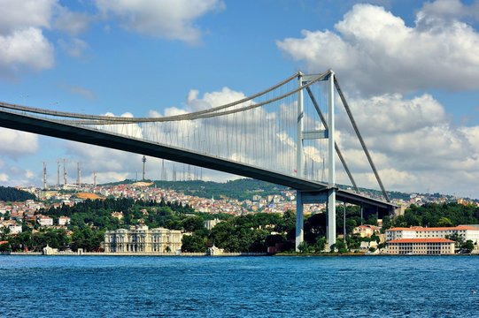 Stunning view of Bosphorus Bridge from cruise ship, Istanbul.