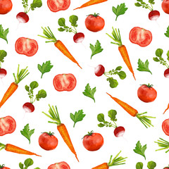 Seamless pattern with radishes, carrots and tomatoes. Watercolor