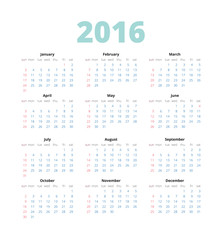 Simple european 2016 year vector calendar. 