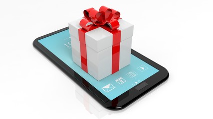 Gift box with red ribbon on tablet isolated on white background