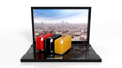 Suitcases on black laptop keyboard with city on screen, isolated