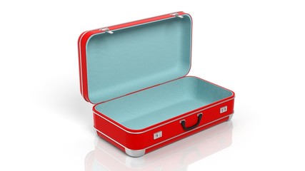 Opened red travel suitcase isolated on white background