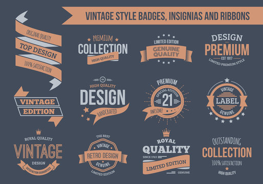 Vintage vector insignias, badges and ribbons. EPS10, text outlined.