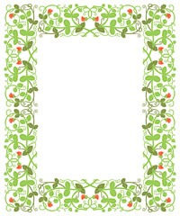 Floral frame in medieval style. Ornament of interwoven stems, foliage and flowers. Vector edging, design element and page decoration