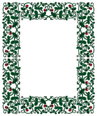 Floral frame in medieval style. Ornament of interwoven stems, foliage and flowers. Vector edging, design element and page decoration