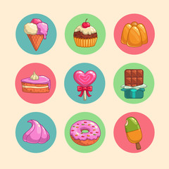 Set of sweets and candies icons, vintage style, vector illustration