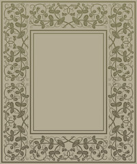 Gold floral frame in medieval style. Ornament of interwoven stems, foliage and flowers. Vector page decoration
