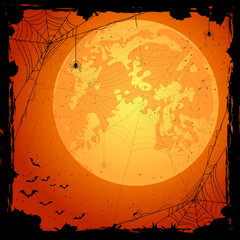 Orange Halloween background with spiders and bats